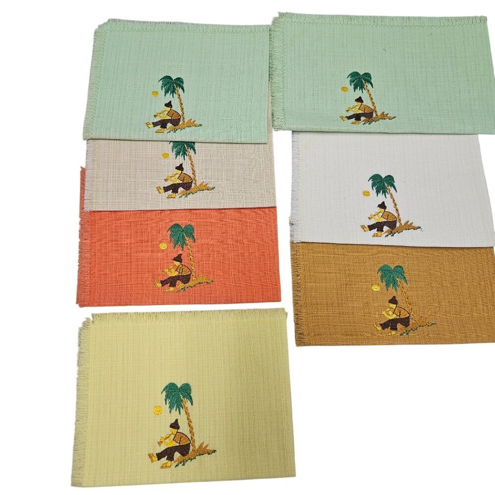 8 Vintage Tropical Themed Linen‎ Napkins Placemat Multicolor Needle Cross Stitch